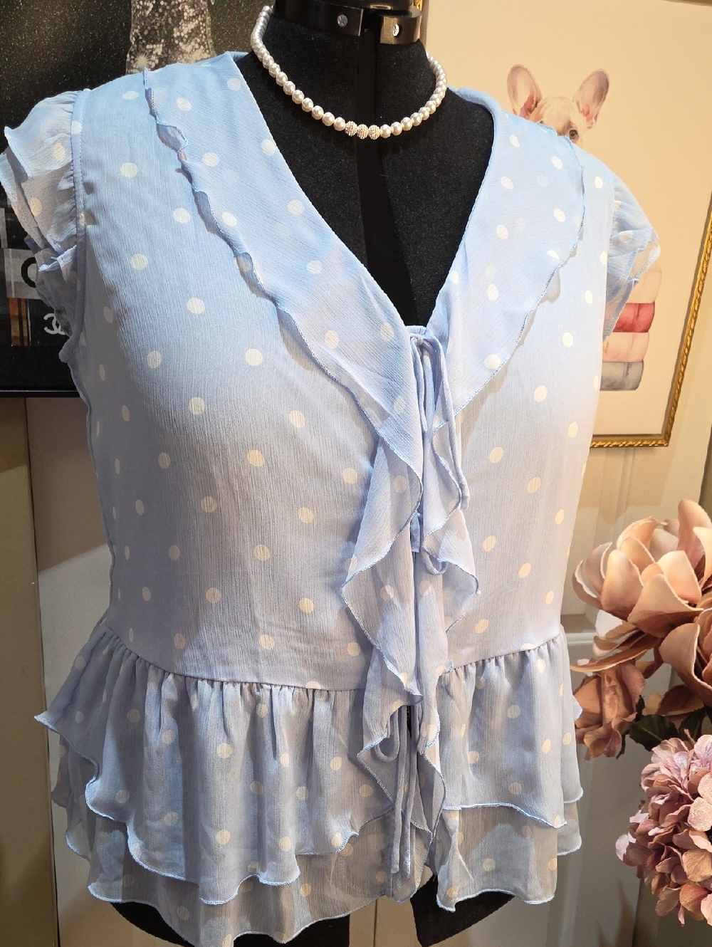 Nwt 1X & 3X Tamara H Women's Light Blue Polka Dot Ruffle Tie-Front Blouse - Picture 3 of 14